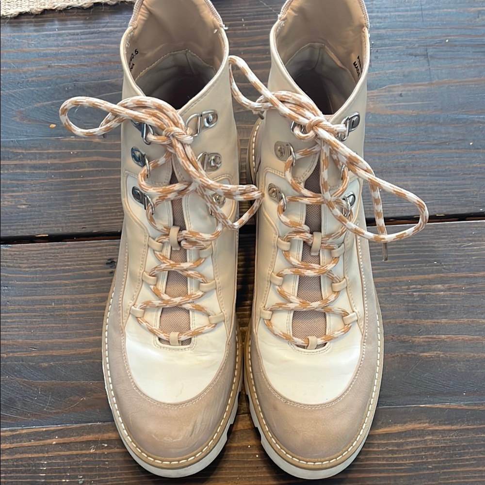 Cream and Tan Combat Moto Boots with Lace-Up Design